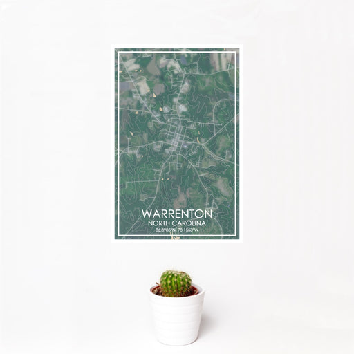 12x18 Warrenton North Carolina Map Print Portrait Orientation in Afternoon Style With Small Cactus Plant in White Planter
