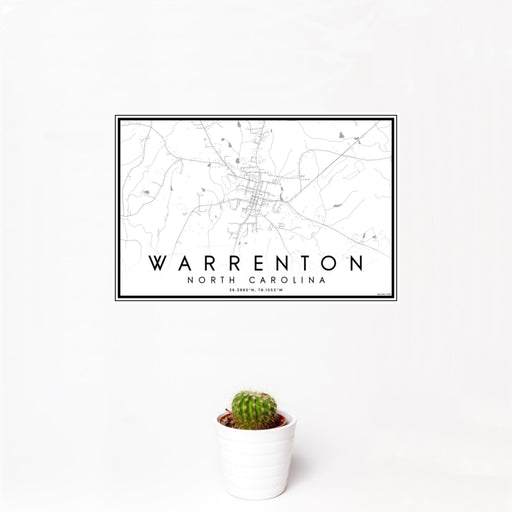 12x18 Warrenton North Carolina Map Print Landscape Orientation in Classic Style With Small Cactus Plant in White Planter