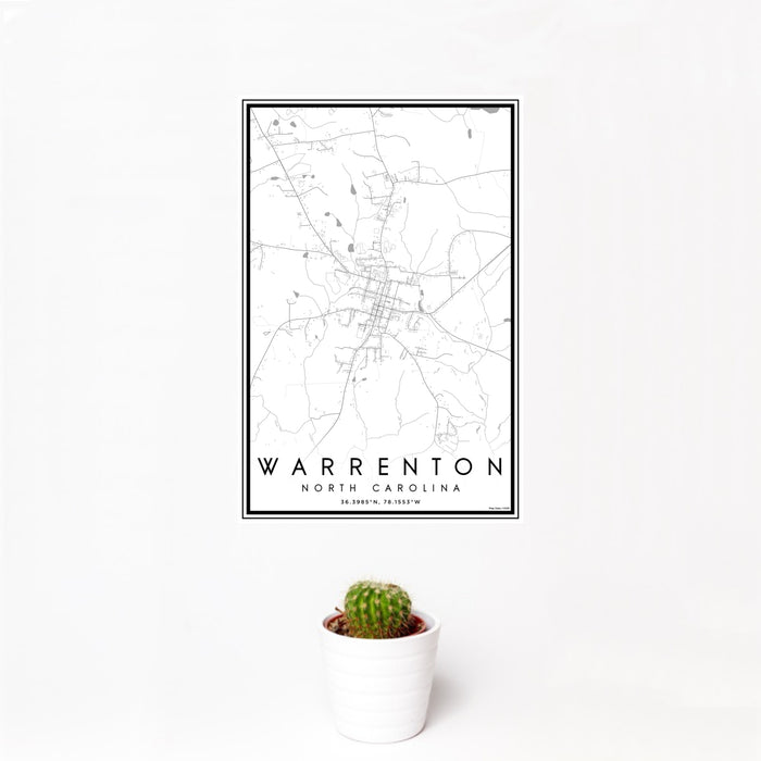 12x18 Warrenton North Carolina Map Print Portrait Orientation in Classic Style With Small Cactus Plant in White Planter