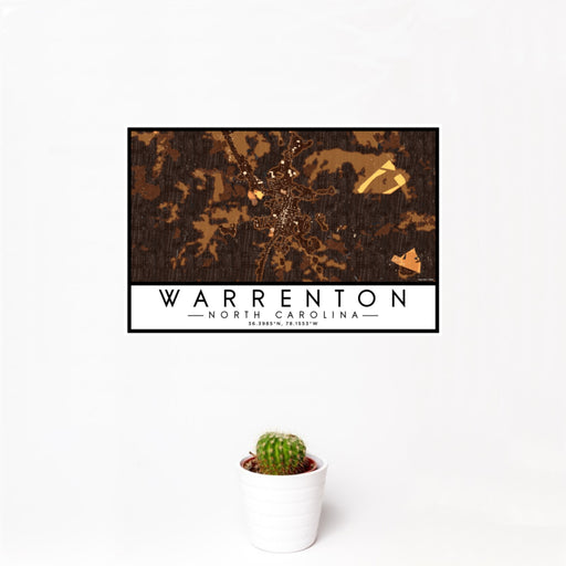 12x18 Warrenton North Carolina Map Print Landscape Orientation in Ember Style With Small Cactus Plant in White Planter
