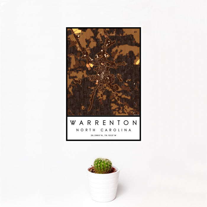 12x18 Warrenton North Carolina Map Print Portrait Orientation in Ember Style With Small Cactus Plant in White Planter
