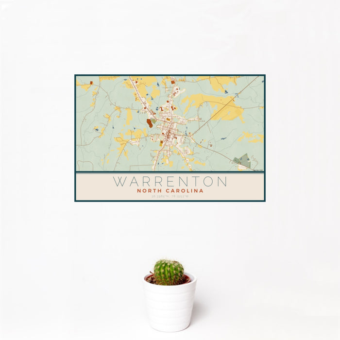 12x18 Warrenton North Carolina Map Print Landscape Orientation in Woodblock Style With Small Cactus Plant in White Planter