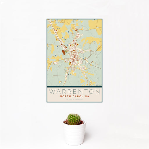 12x18 Warrenton North Carolina Map Print Portrait Orientation in Woodblock Style With Small Cactus Plant in White Planter