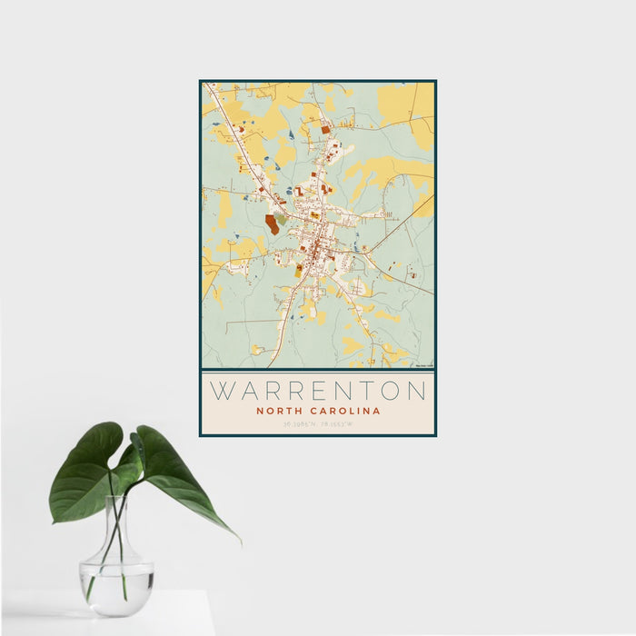16x24 Warrenton North Carolina Map Print Portrait Orientation in Woodblock Style With Tropical Plant Leaves in Water