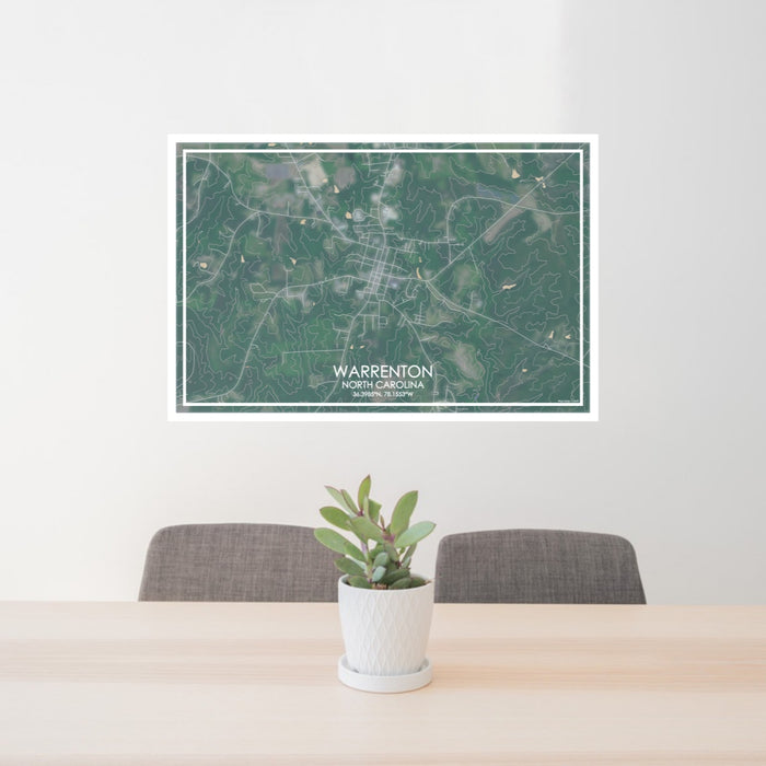 24x36 Warrenton North Carolina Map Print Lanscape Orientation in Afternoon Style Behind 2 Chairs Table and Potted Plant