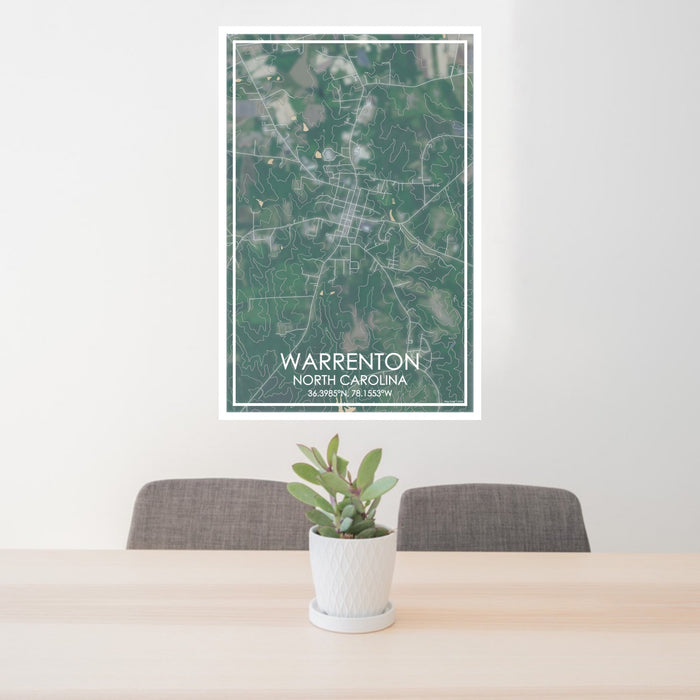 24x36 Warrenton North Carolina Map Print Portrait Orientation in Afternoon Style Behind 2 Chairs Table and Potted Plant