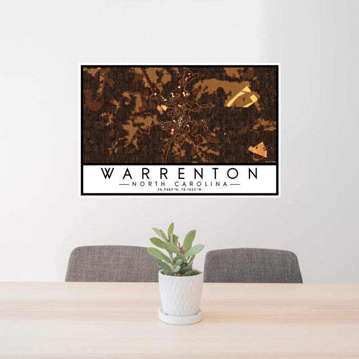 24x36 Warrenton North Carolina Map Print Lanscape Orientation in Ember Style Behind 2 Chairs Table and Potted Plant