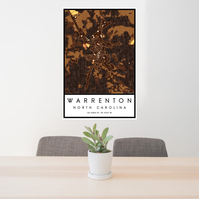 24x36 Warrenton North Carolina Map Print Portrait Orientation in Ember Style Behind 2 Chairs Table and Potted Plant