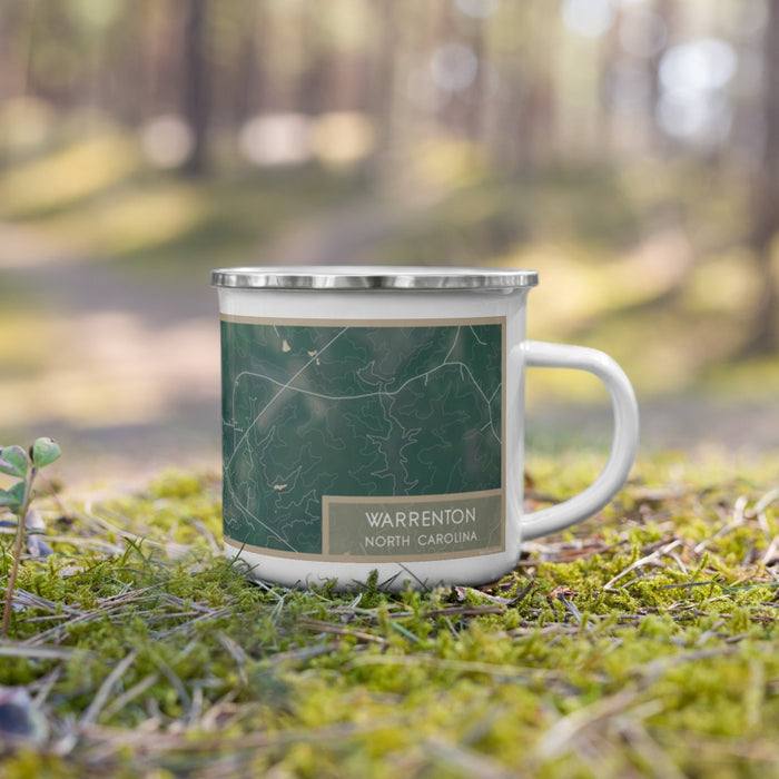 Right View Custom Warrenton North Carolina Map Enamel Mug in Afternoon on Grass With Trees in Background