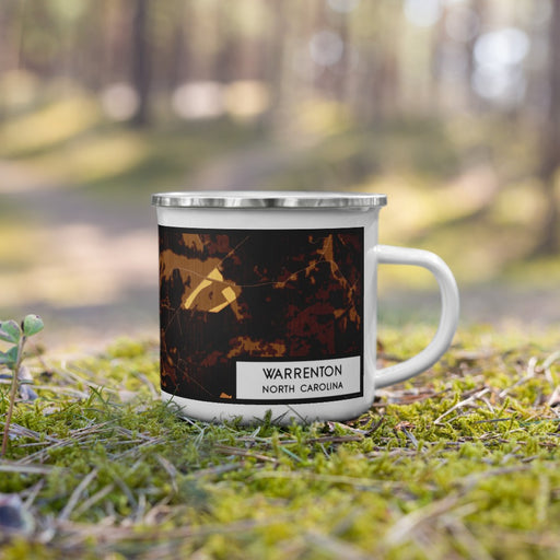 Right View Custom Warrenton North Carolina Map Enamel Mug in Ember on Grass With Trees in Background