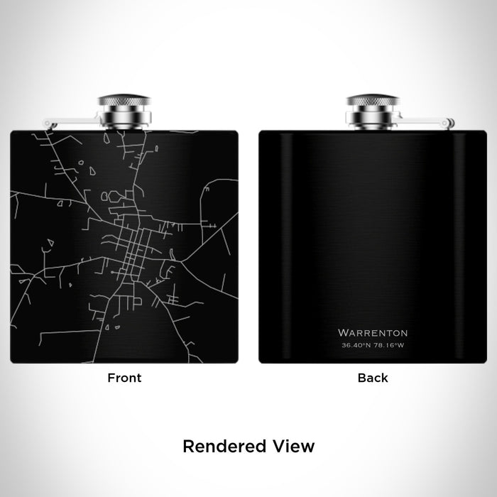 Rendered View of Warrenton North Carolina Map Engraving on 6oz Stainless Steel Flask in Black