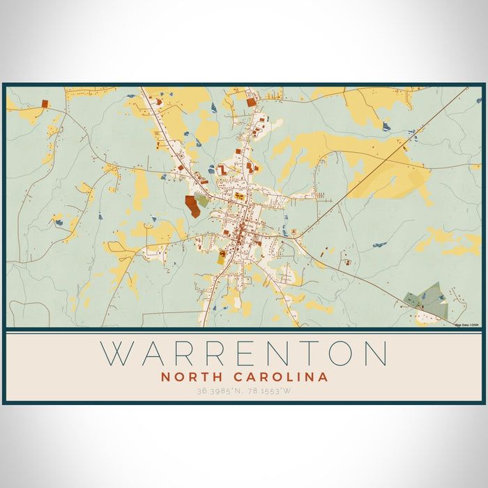 Warrenton North Carolina Map Print Landscape Orientation in Woodblock Style With Shaded Background