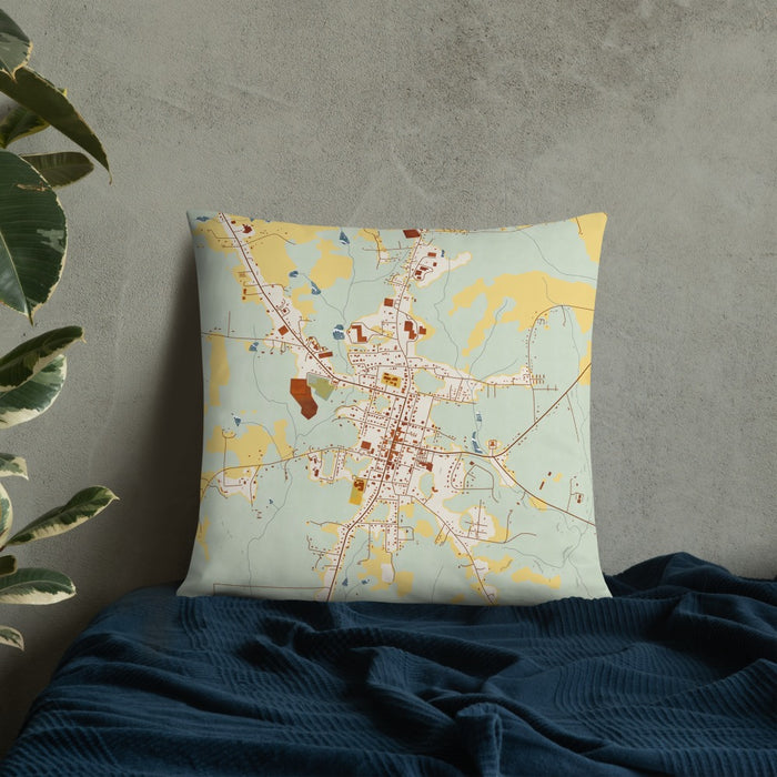 Custom Warrenton North Carolina Map Throw Pillow in Woodblock on Bedding Against Wall
