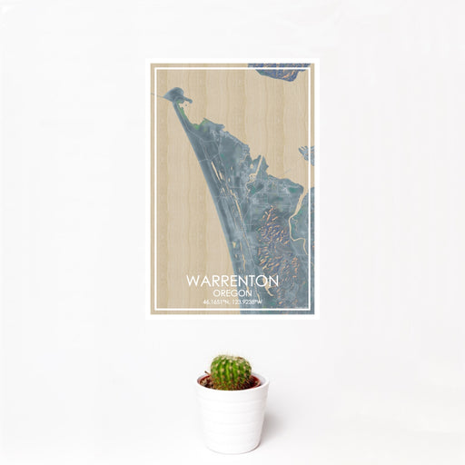 12x18 Warrenton Oregon Map Print Portrait Orientation in Afternoon Style With Small Cactus Plant in White Planter