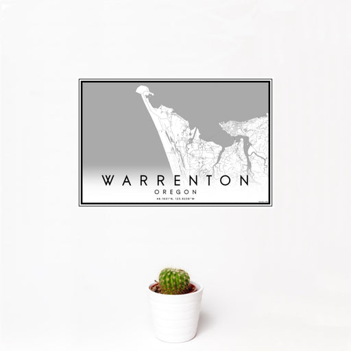 12x18 Warrenton Oregon Map Print Landscape Orientation in Classic Style With Small Cactus Plant in White Planter