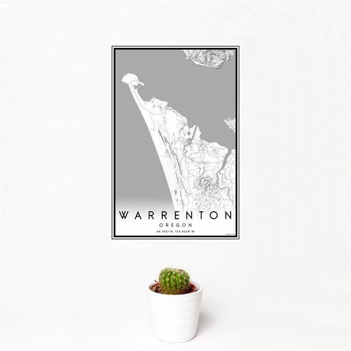 12x18 Warrenton Oregon Map Print Portrait Orientation in Classic Style With Small Cactus Plant in White Planter