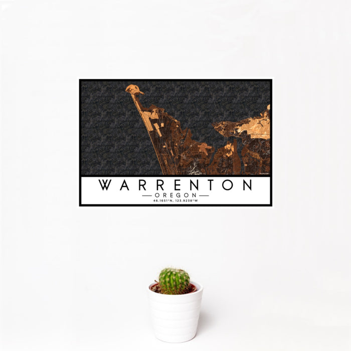 12x18 Warrenton Oregon Map Print Landscape Orientation in Ember Style With Small Cactus Plant in White Planter