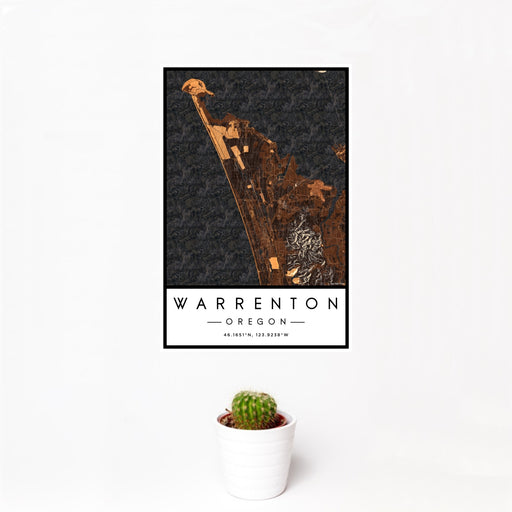 12x18 Warrenton Oregon Map Print Portrait Orientation in Ember Style With Small Cactus Plant in White Planter