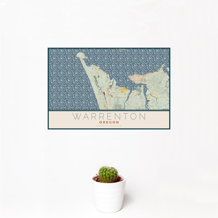 12x18 Warrenton Oregon Map Print Landscape Orientation in Woodblock Style With Small Cactus Plant in White Planter