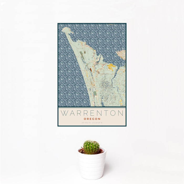 12x18 Warrenton Oregon Map Print Portrait Orientation in Woodblock Style With Small Cactus Plant in White Planter
