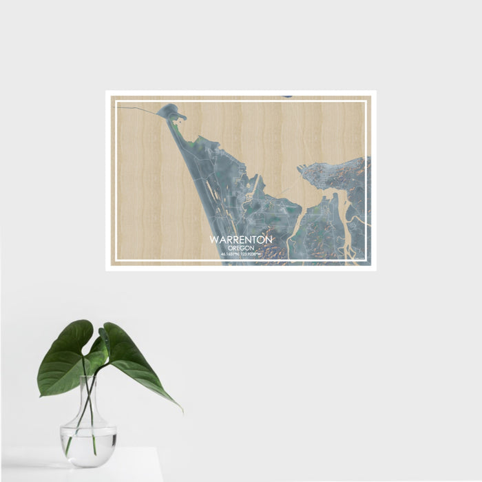 16x24 Warrenton Oregon Map Print Landscape Orientation in Afternoon Style With Tropical Plant Leaves in Water