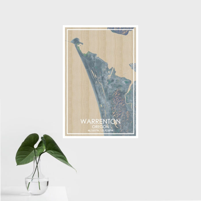 16x24 Warrenton Oregon Map Print Portrait Orientation in Afternoon Style With Tropical Plant Leaves in Water