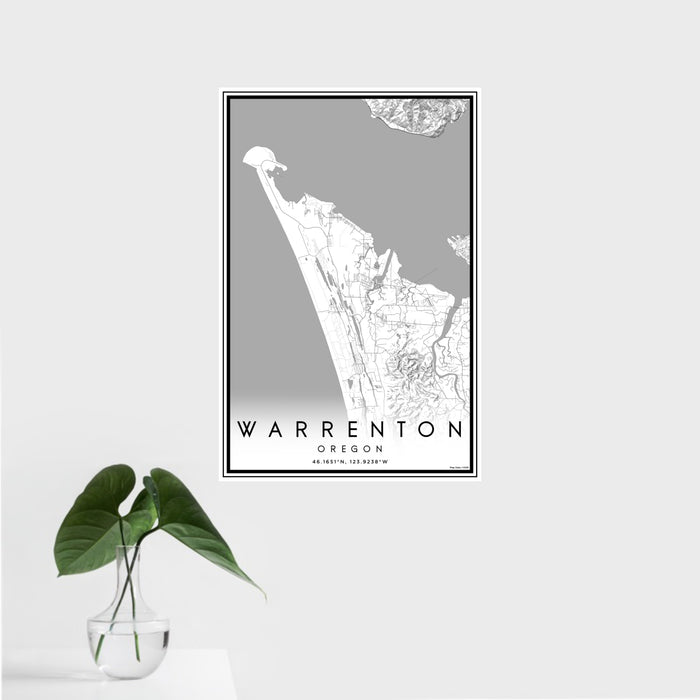 16x24 Warrenton Oregon Map Print Portrait Orientation in Classic Style With Tropical Plant Leaves in Water