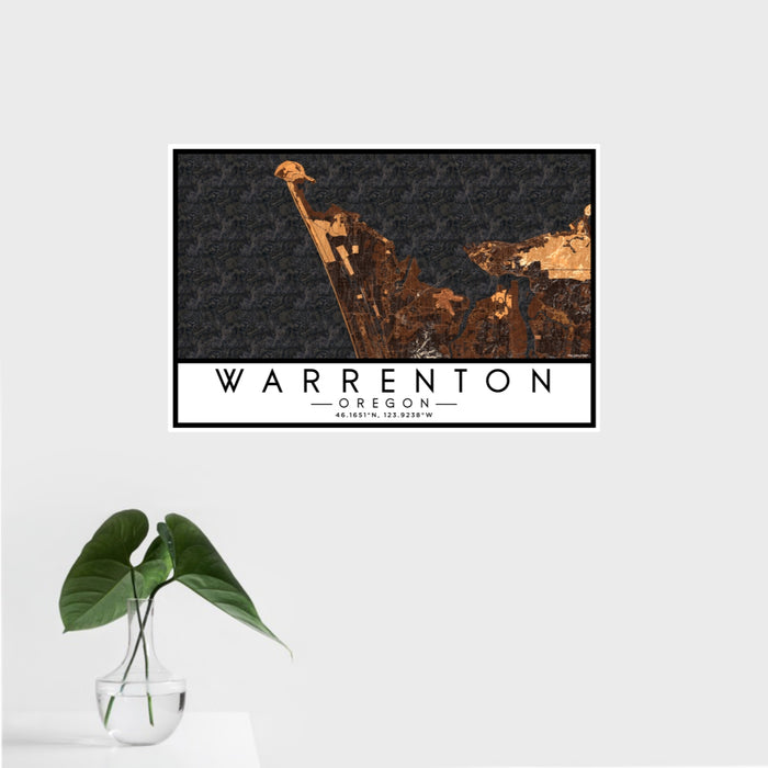 16x24 Warrenton Oregon Map Print Landscape Orientation in Ember Style With Tropical Plant Leaves in Water