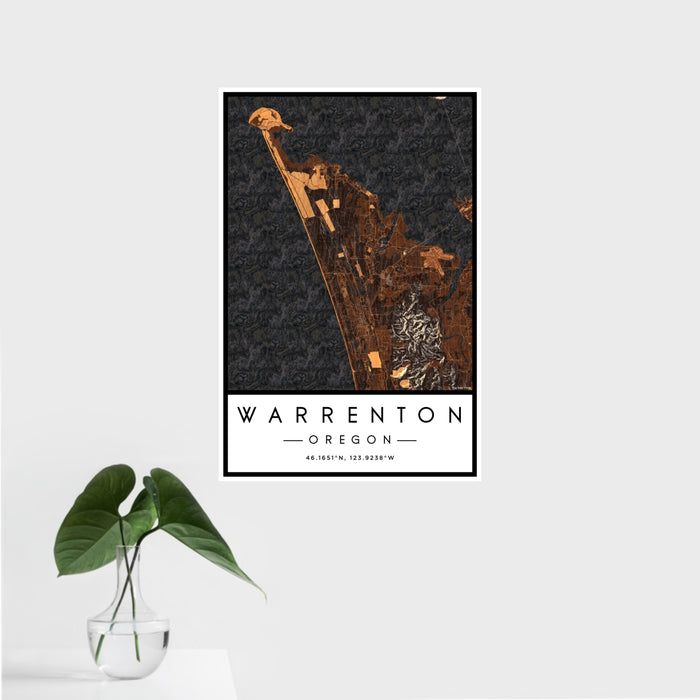 16x24 Warrenton Oregon Map Print Portrait Orientation in Ember Style With Tropical Plant Leaves in Water
