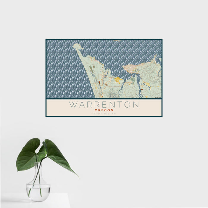 16x24 Warrenton Oregon Map Print Landscape Orientation in Woodblock Style With Tropical Plant Leaves in Water