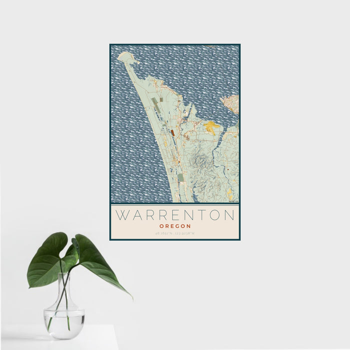 16x24 Warrenton Oregon Map Print Portrait Orientation in Woodblock Style With Tropical Plant Leaves in Water