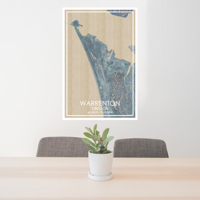 24x36 Warrenton Oregon Map Print Portrait Orientation in Afternoon Style Behind 2 Chairs Table and Potted Plant