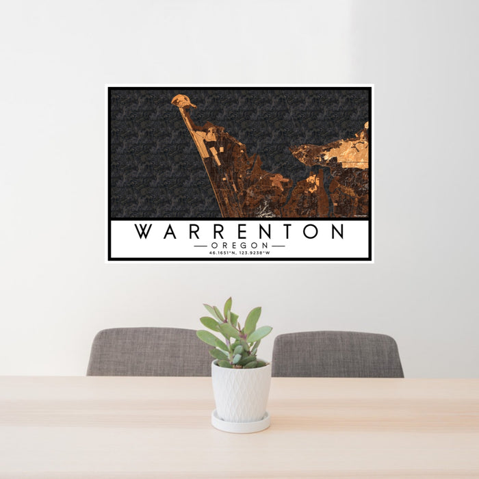24x36 Warrenton Oregon Map Print Lanscape Orientation in Ember Style Behind 2 Chairs Table and Potted Plant
