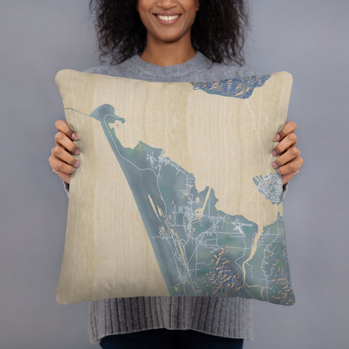 Person holding 18x18 Custom Warrenton Oregon Map Throw Pillow in Afternoon