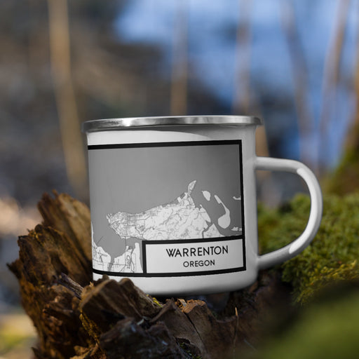 Right View Custom Warrenton Oregon Map Enamel Mug in Classic on Grass With Trees in Background