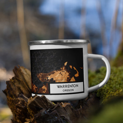 Right View Custom Warrenton Oregon Map Enamel Mug in Ember on Grass With Trees in Background