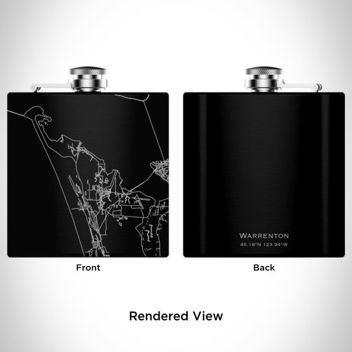Rendered View of Warrenton Oregon Map Engraving on 6oz Stainless Steel Flask in Black