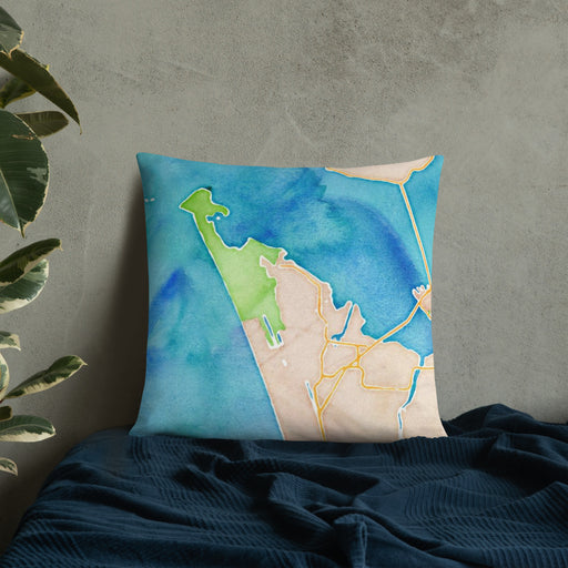 Custom Warrenton Oregon Map Throw Pillow in Watercolor on Bedding Against Wall