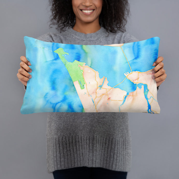 Person holding 20x12 Custom Warrenton Oregon Map Throw Pillow in Watercolor