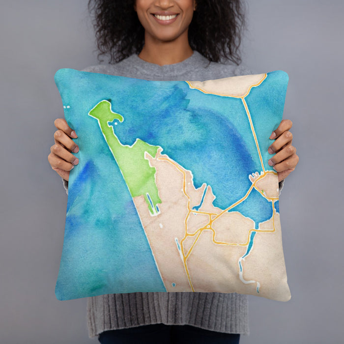 Person holding 18x18 Custom Warrenton Oregon Map Throw Pillow in Watercolor