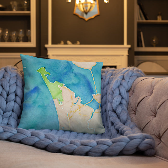 Custom Warrenton Oregon Map Throw Pillow in Watercolor on Cream Colored Couch