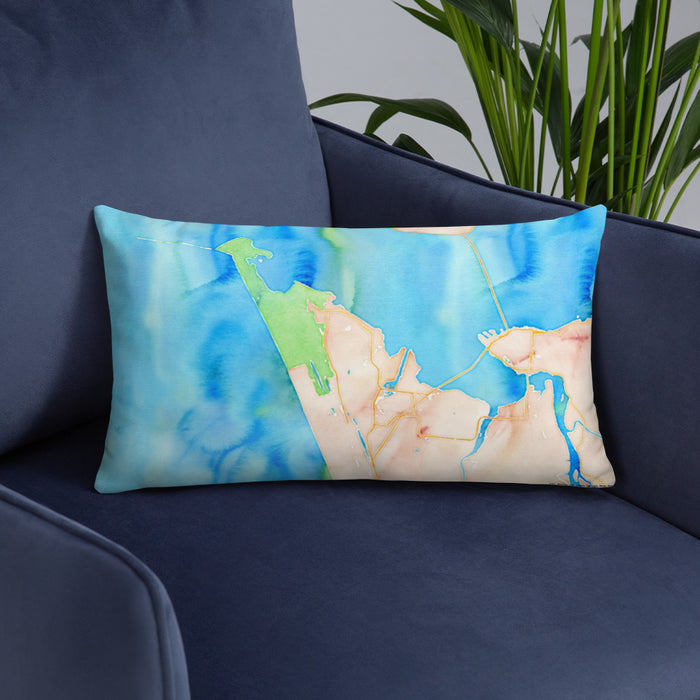 Custom Warrenton Oregon Map Throw Pillow in Watercolor on Blue Colored Chair