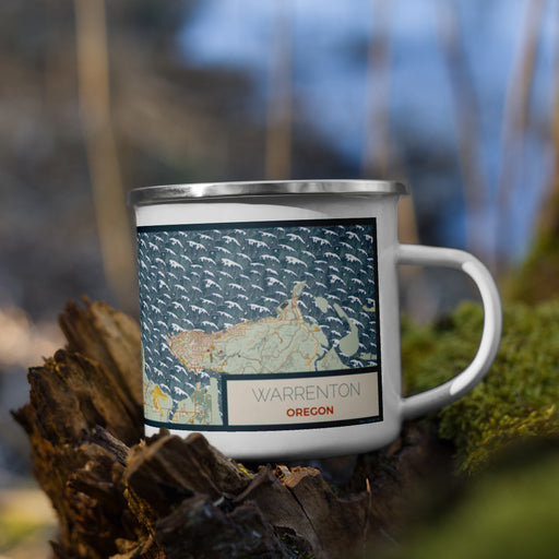 Right View Custom Warrenton Oregon Map Enamel Mug in Woodblock on Grass With Trees in Background