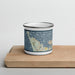Front View Custom Warrenton Oregon Map Enamel Mug in Woodblock on Cutting Board