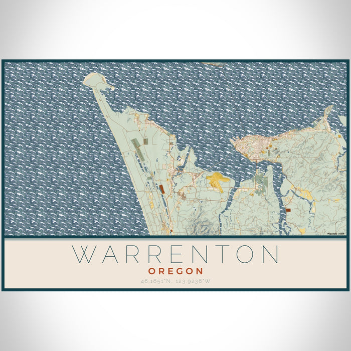 Warrenton Oregon Map Print Landscape Orientation in Woodblock Style With Shaded Background