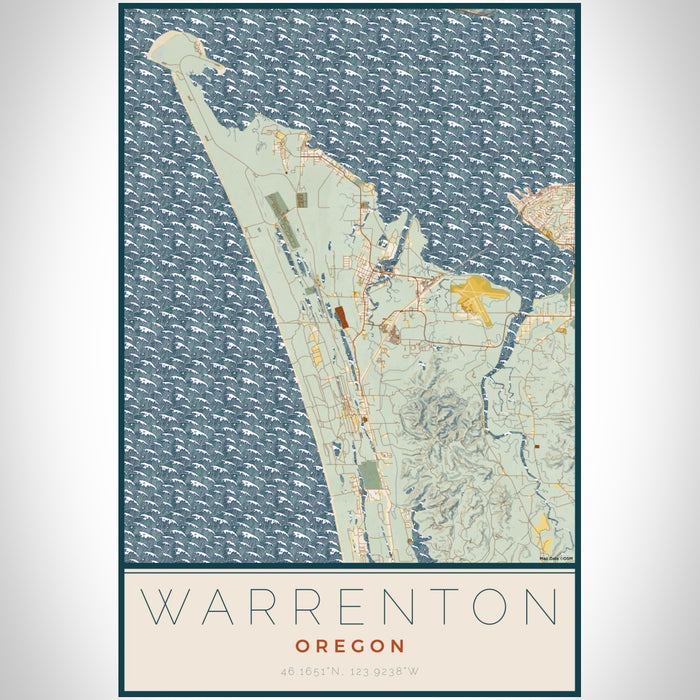 Warrenton Oregon Map Print Portrait Orientation in Woodblock Style With Shaded Background