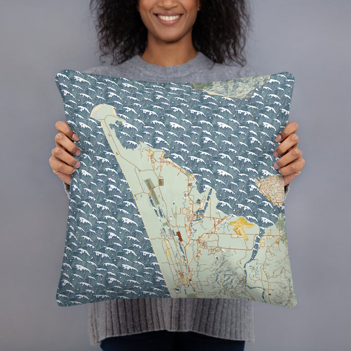 Person holding 18x18 Custom Warrenton Oregon Map Throw Pillow in Woodblock