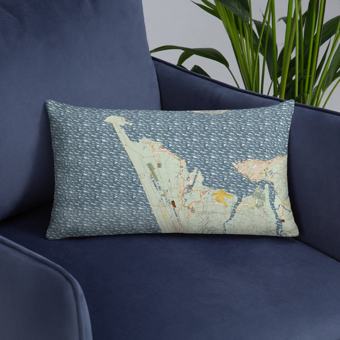 Custom Warrenton Oregon Map Throw Pillow in Woodblock on Blue Colored Chair