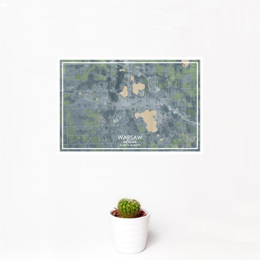 12x18 Warsaw Indiana Map Print Landscape Orientation in Afternoon Style With Small Cactus Plant in White Planter