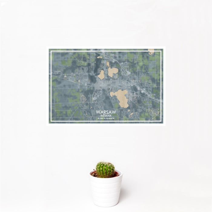 12x18 Warsaw Indiana Map Print Landscape Orientation in Afternoon Style With Small Cactus Plant in White Planter